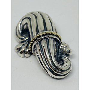 Vintage Lagos Caviar Sterling Silver 18K Gold Fluted Scroll Brooch XL 2” Long